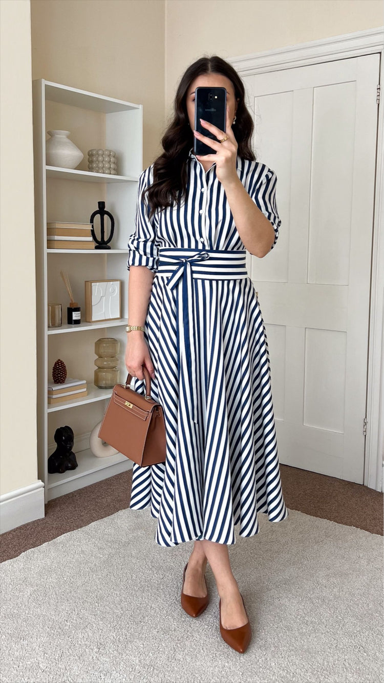 Elegant Navy Striped Belted Soft Silk Satin Midi Dress