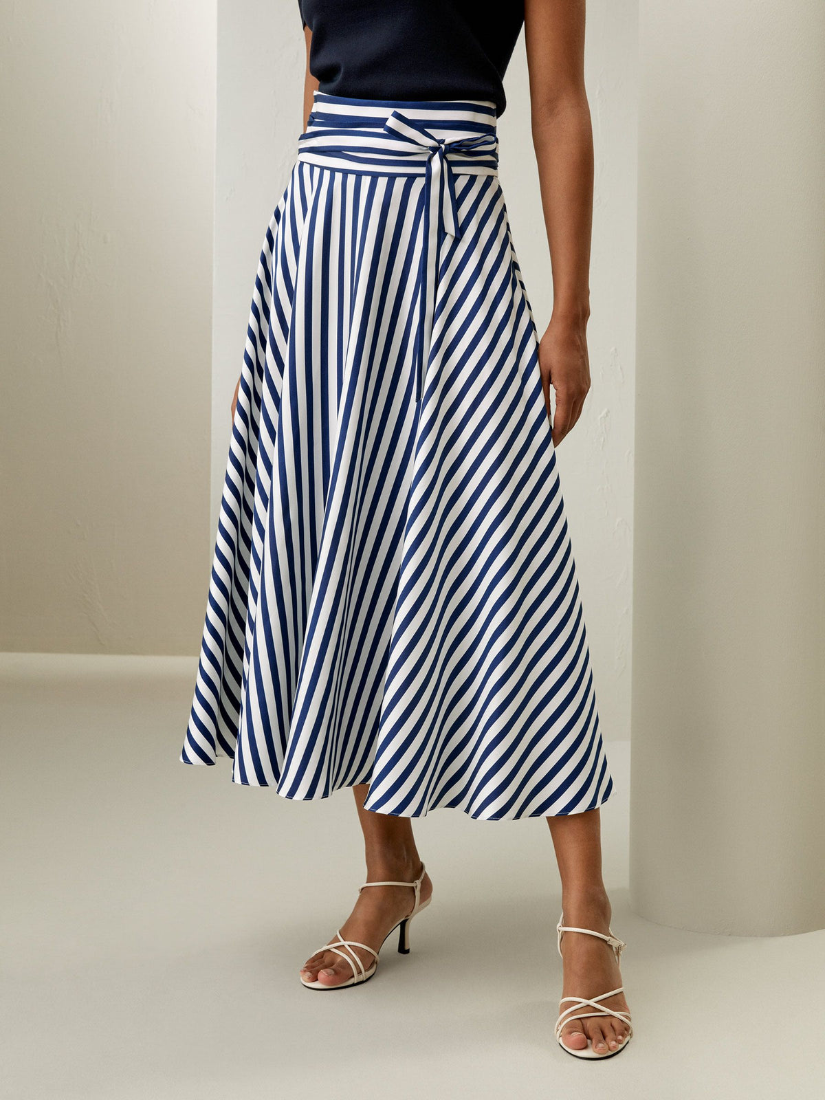 Elegant Navy Striped Belted Soft Silk Satin Midi Dress
