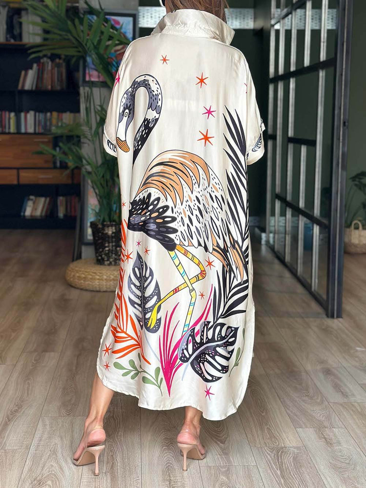 Elegant Flamingo Printed Kaftan Dress