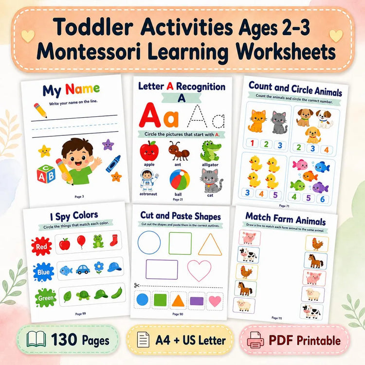 Toddler Montessori Activity Book (Ages 2–3) | ABC, Numbers, Shapes & Fun Learning Worksheets