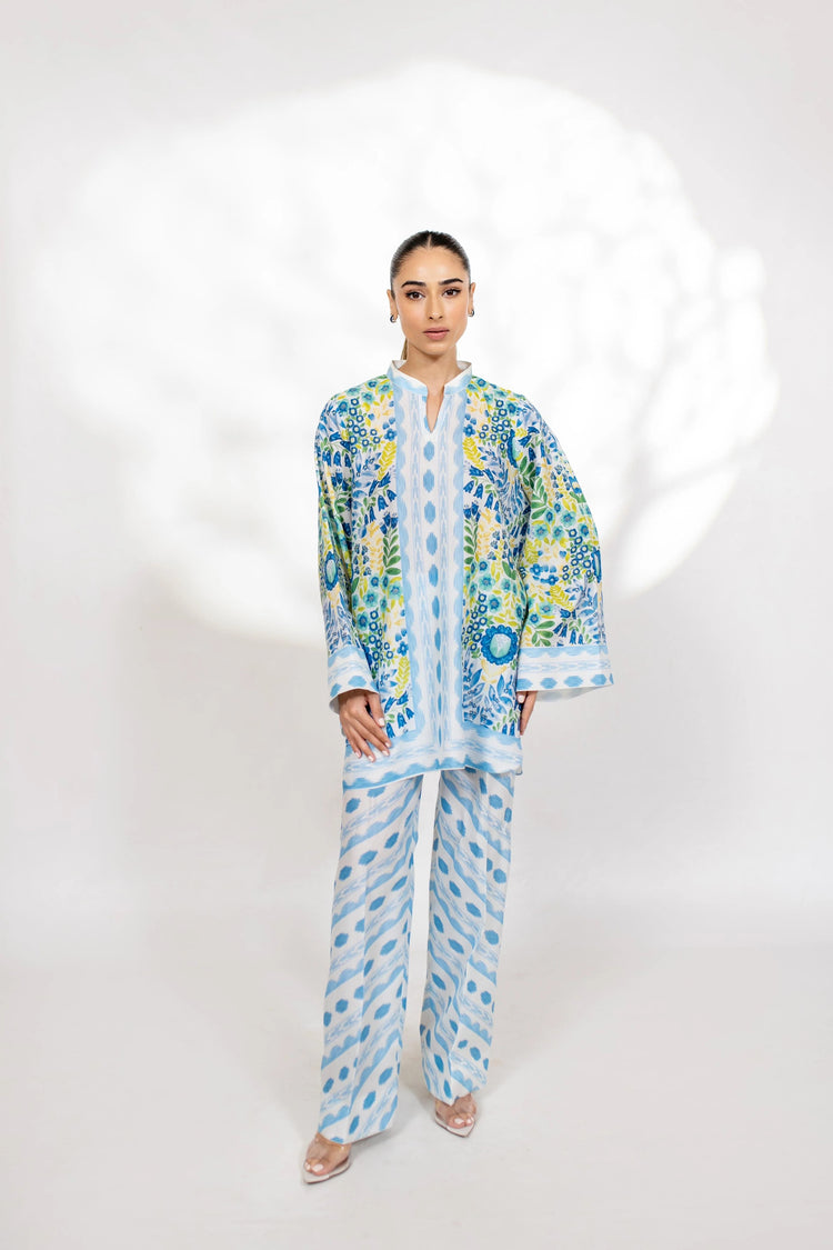 Azure Bloom Blended Cotton Satin Coord Set
