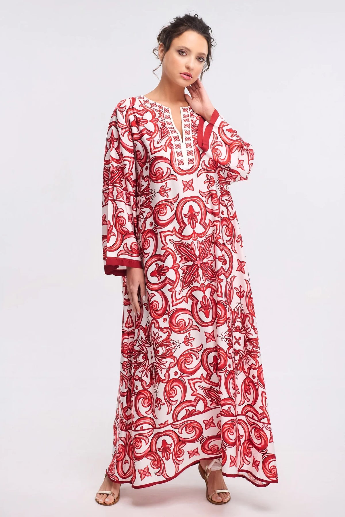 Mediterranean Tile Print Roman Silk Blend Kaftan (Available in Blue & Red)