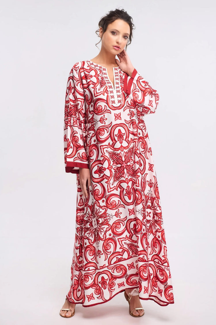 Mediterranean Tile Print Roman Silk Blend Kaftan (Available in Blue & Red)