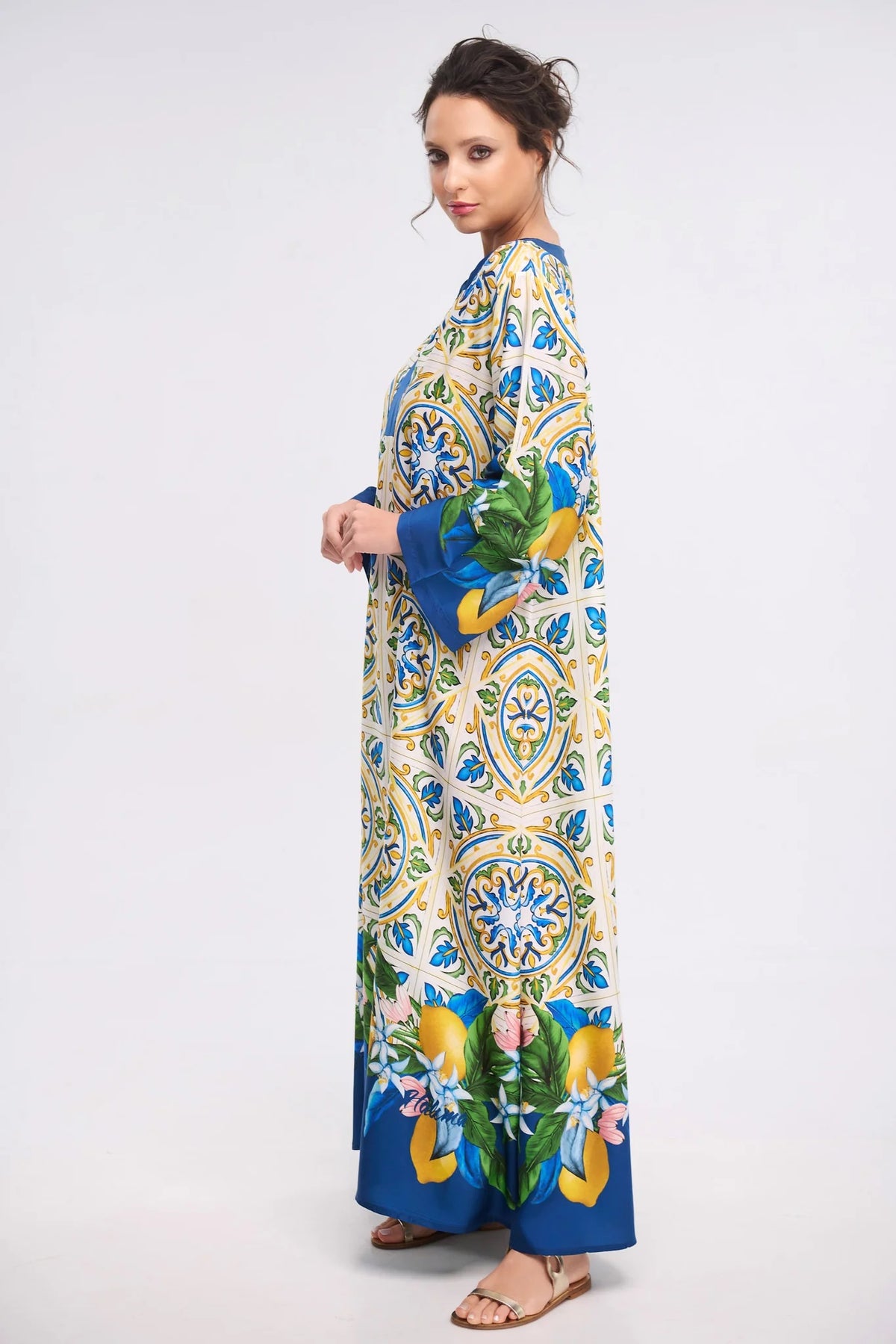 Blue Mediterranean Tile Print Roman Silk Blend Kaftan