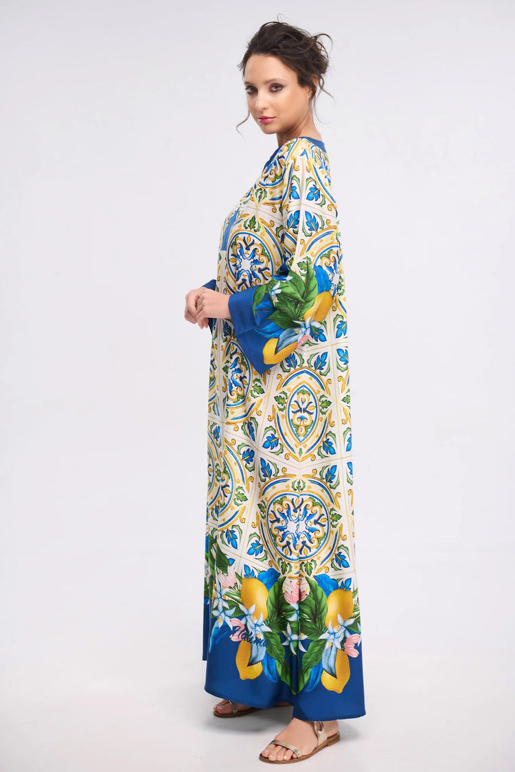 Blue Mediterranean Tile Print Roman Silk Blend Kaftan