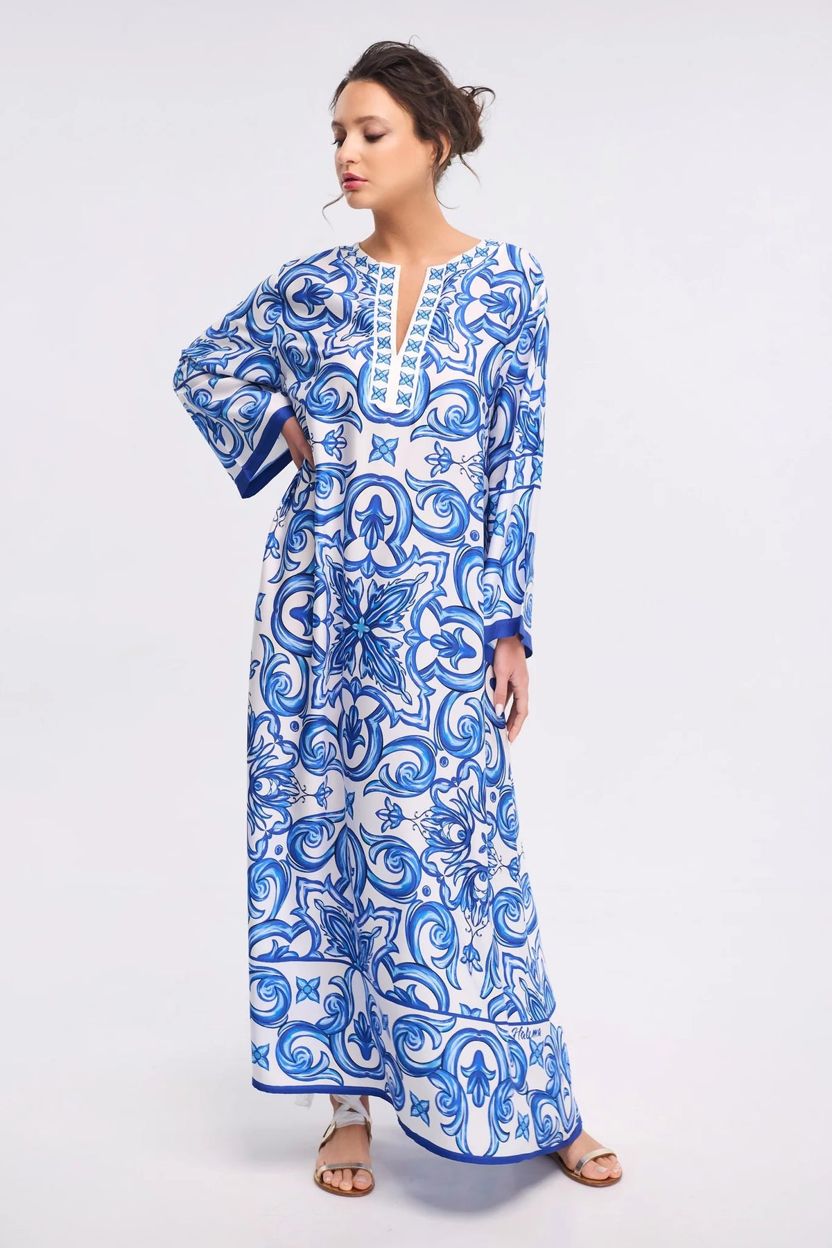 Mediterranean Tile Print Roman Silk Blend Kaftan (Available in Blue & Red)