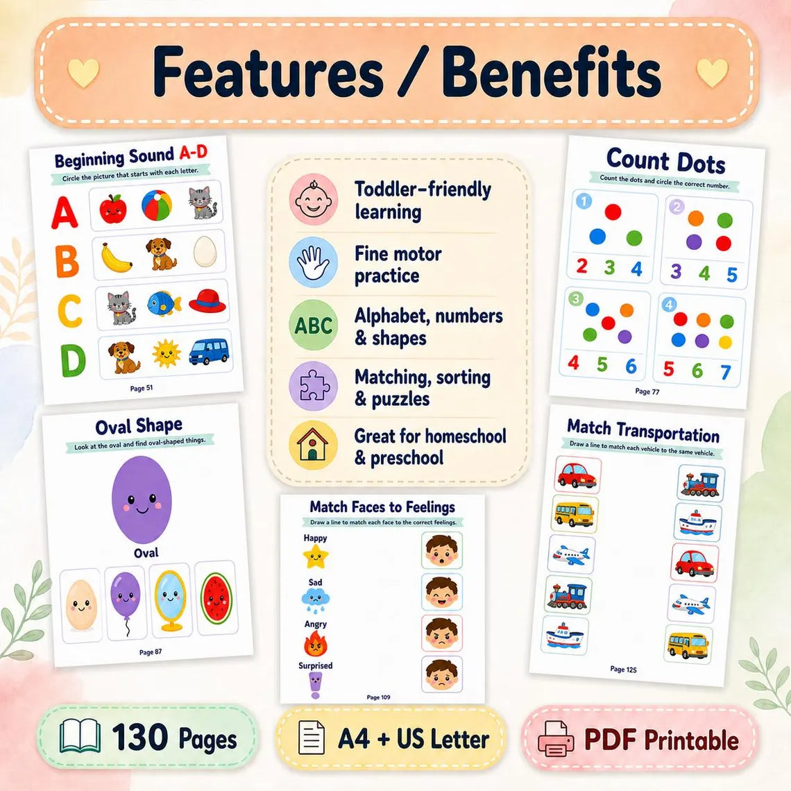 Toddler Montessori Activity Book (Ages 2–3) | ABC, Numbers, Shapes & Fun Learning Worksheets