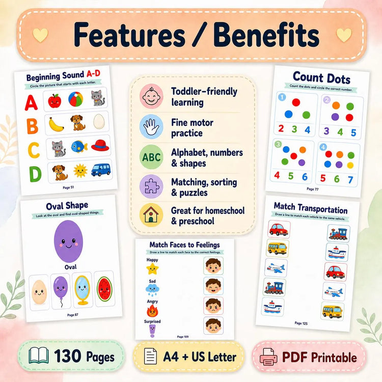 Toddler Montessori Activity Book (Ages 2–3) | ABC, Numbers, Shapes & Fun Learning Worksheets