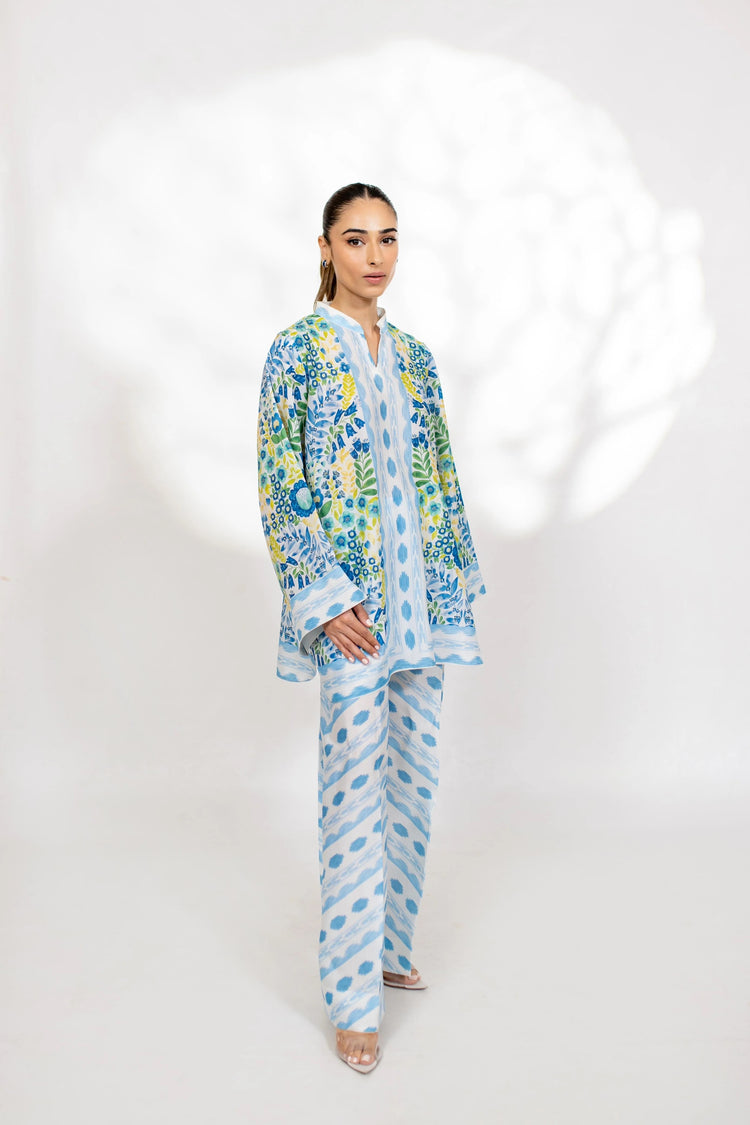 Azure Bloom Blended Cotton Satin Coord Set