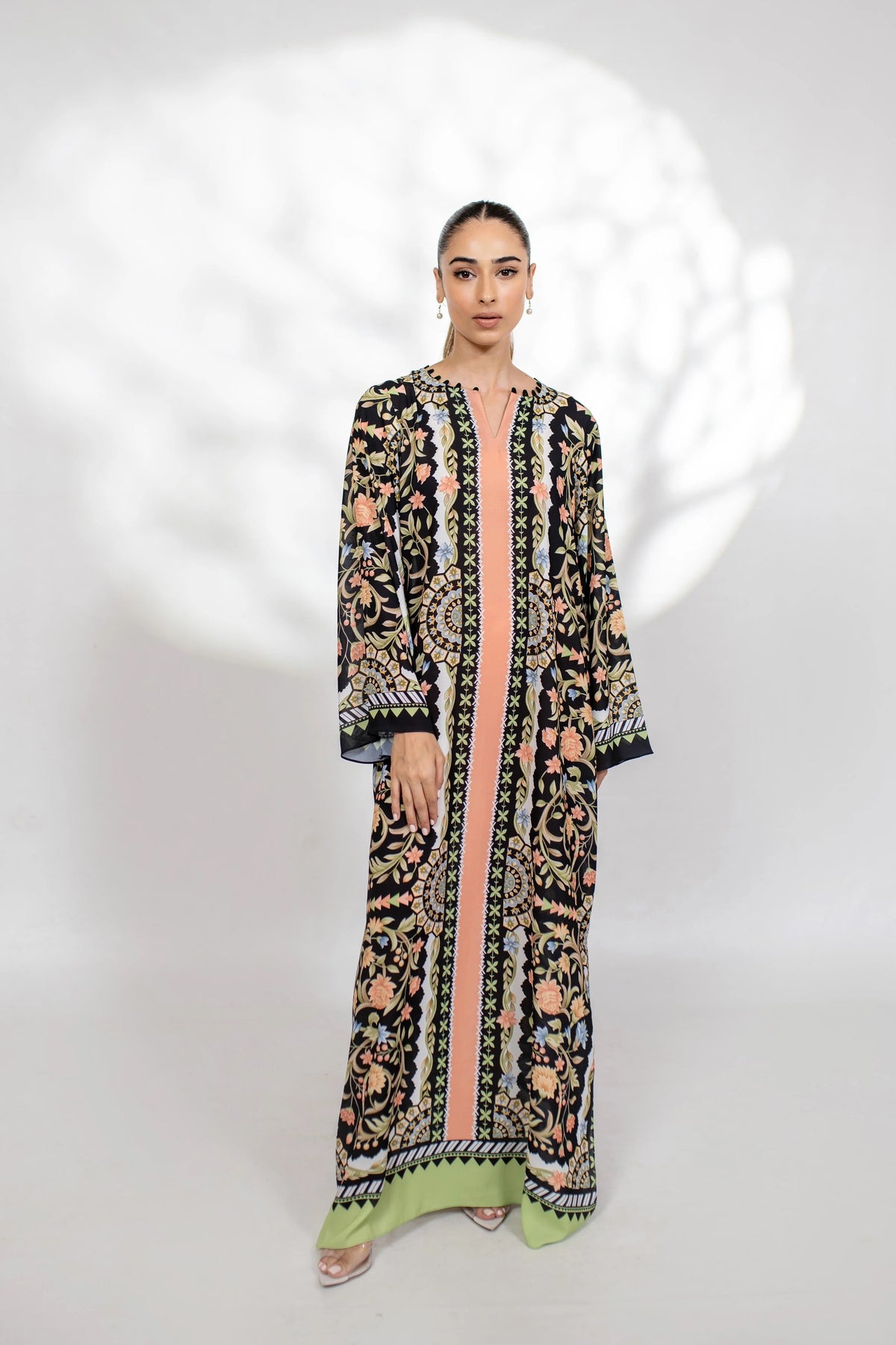 Elegant Black Florals Soft BSY Crepe Long Top