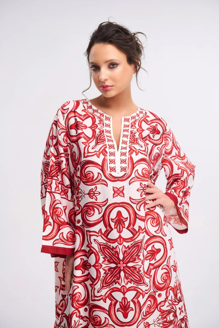 Mediterranean Tile Print Roman Silk Blend Kaftan (Available in Blue & Red)