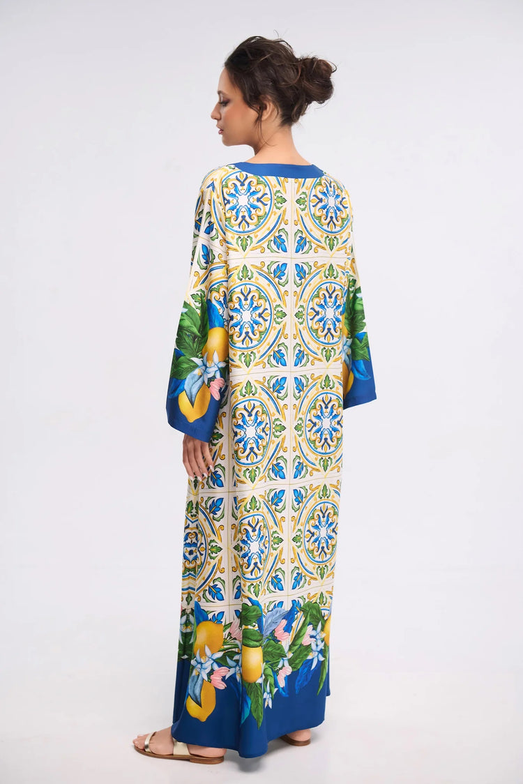 Blue Mediterranean Tile Print Roman Silk Blend Kaftan