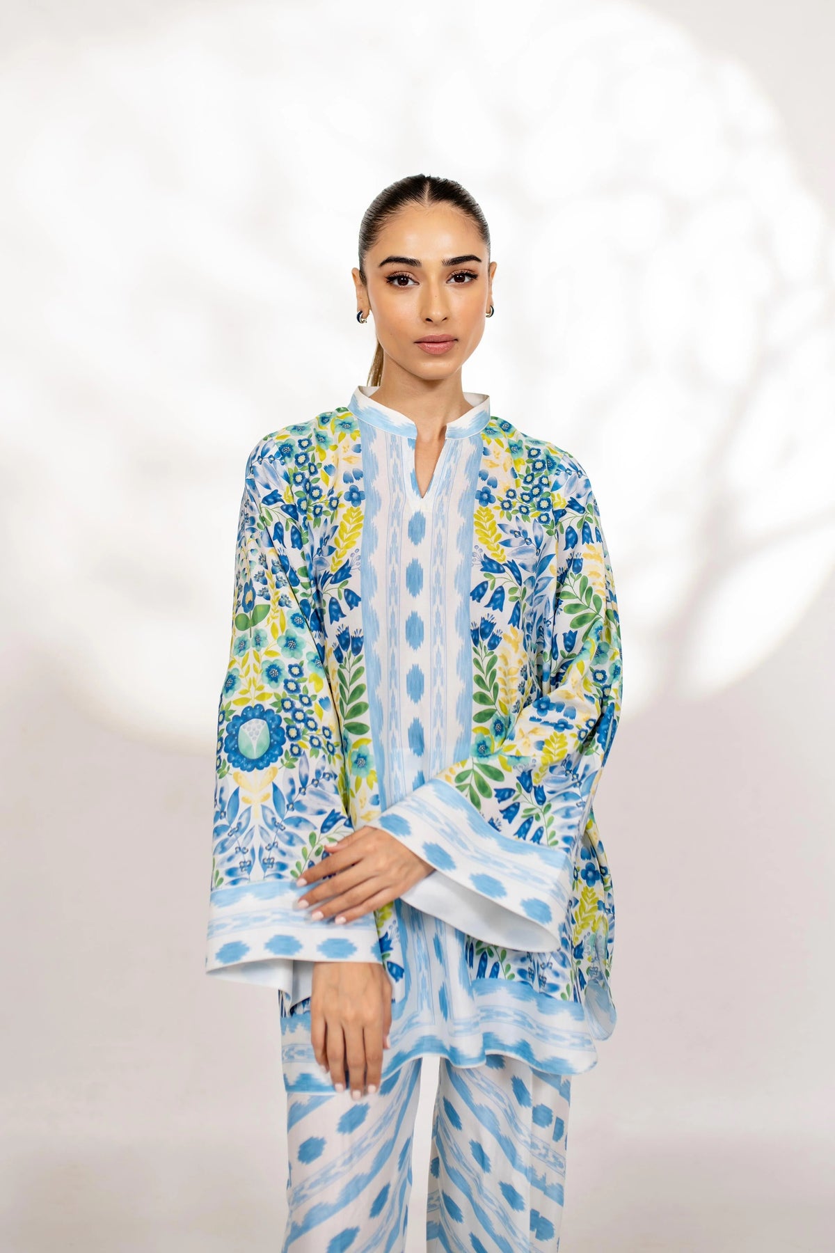Azure Bloom Blended Cotton Satin Coord Set