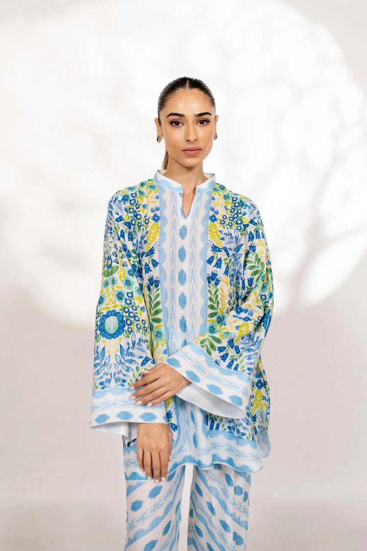 Azure Bloom Blended Cotton Satin Coord Set