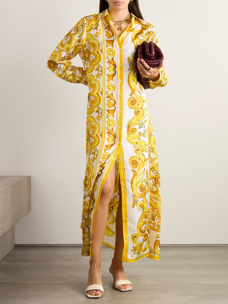 Golden Baroque Print Roman Silk Blend Maxi