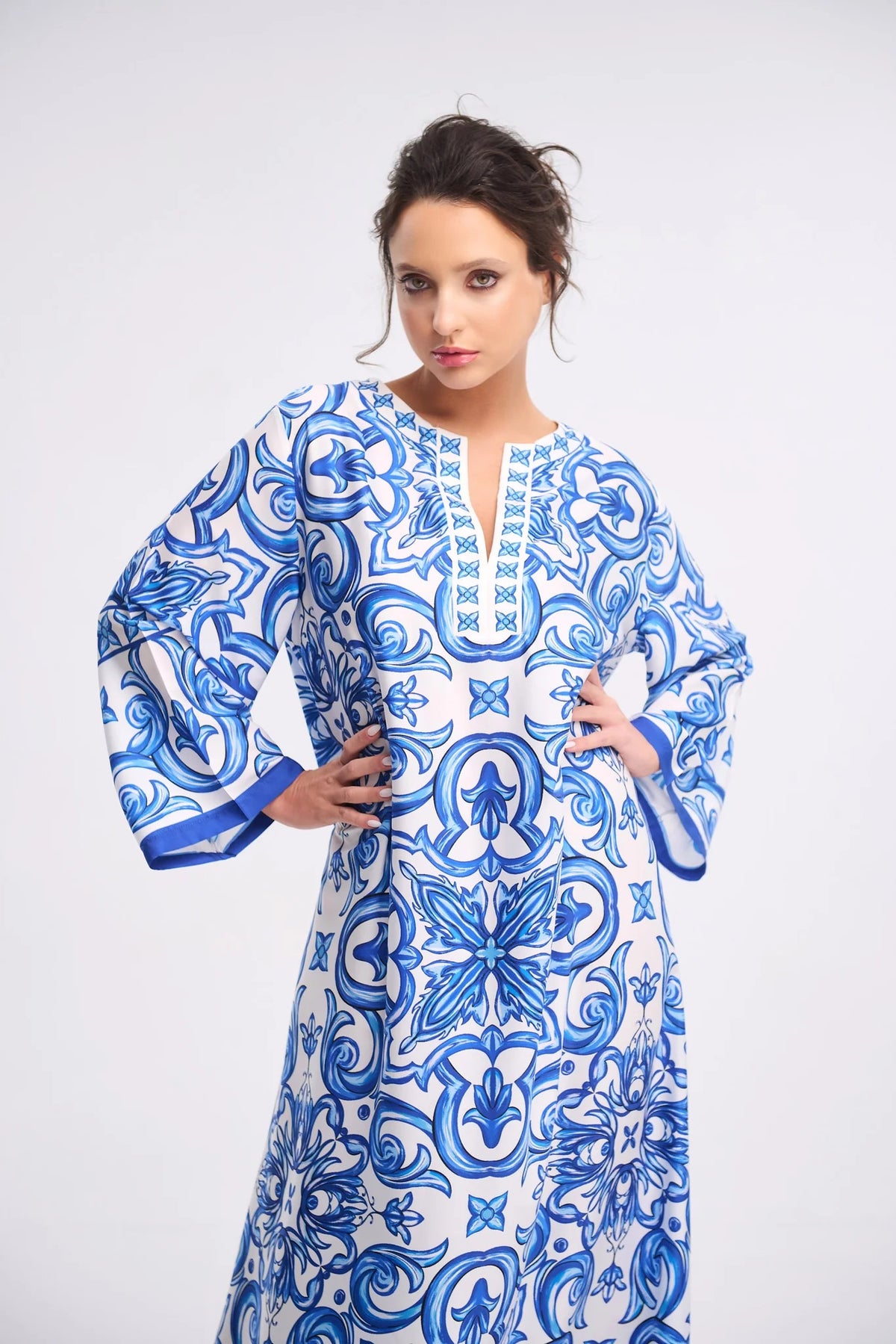 Mediterranean Tile Print Roman Silk Blend Kaftan (Available in Blue & Red)
