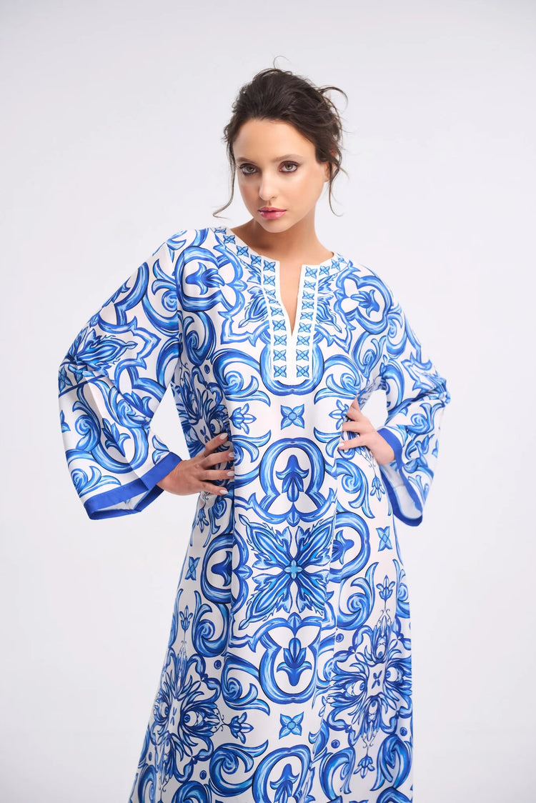 Mediterranean Tile Print Roman Silk Blend Kaftan (Available in Blue & Red)
