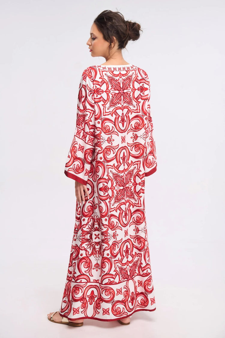 Mediterranean Tile Print Roman Silk Blend Kaftan (Available in Blue & Red)