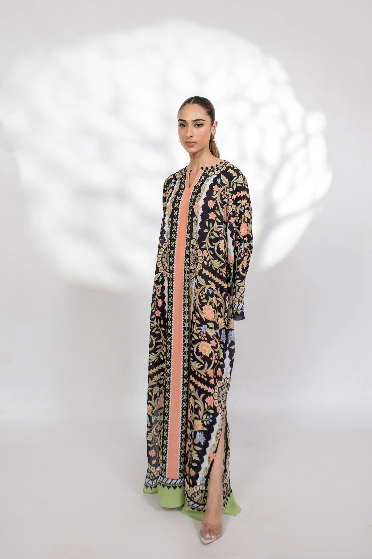 Elegant Black Florals Soft BSY Crepe Long Top