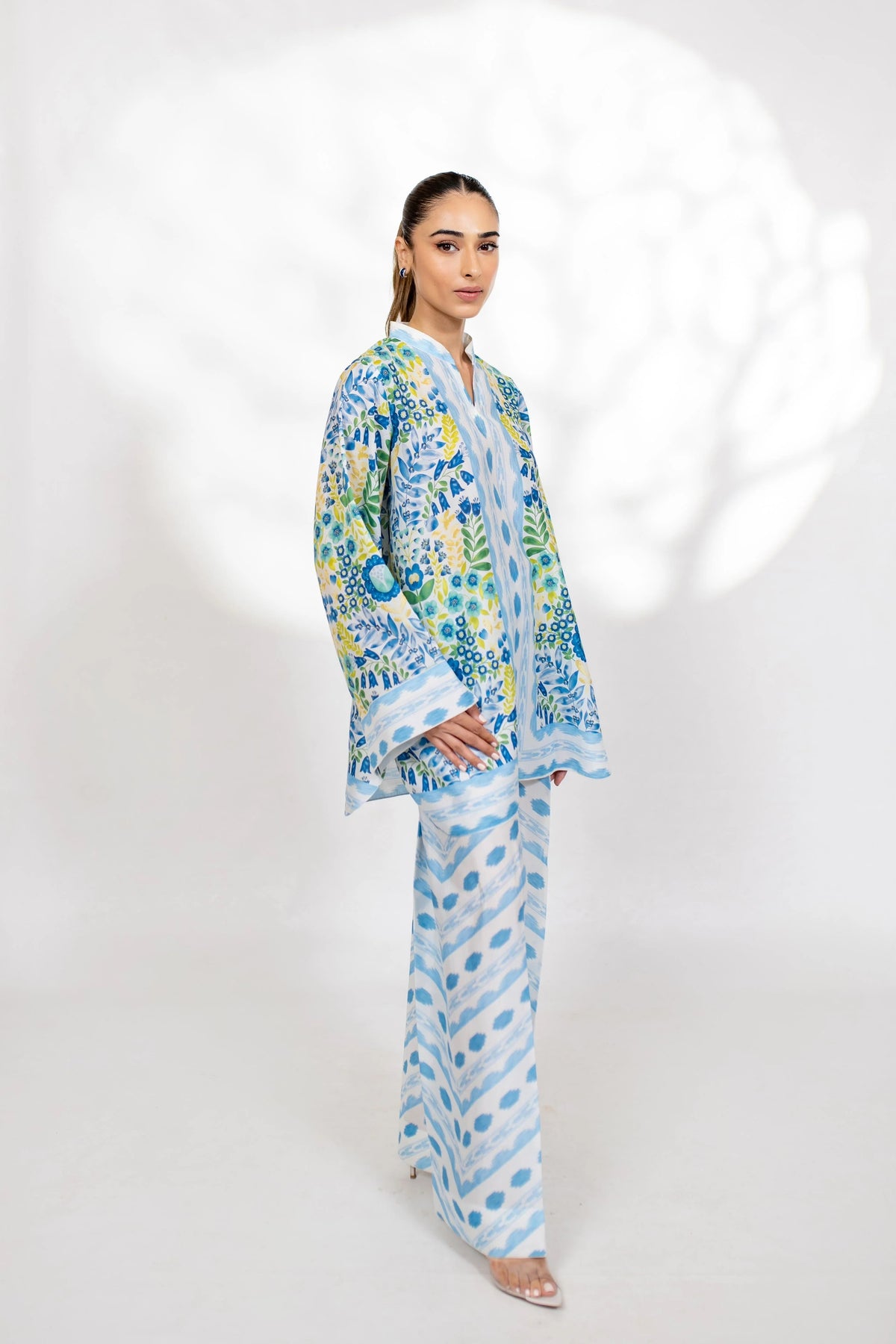 Azure Bloom Blended Cotton Satin Coord Set