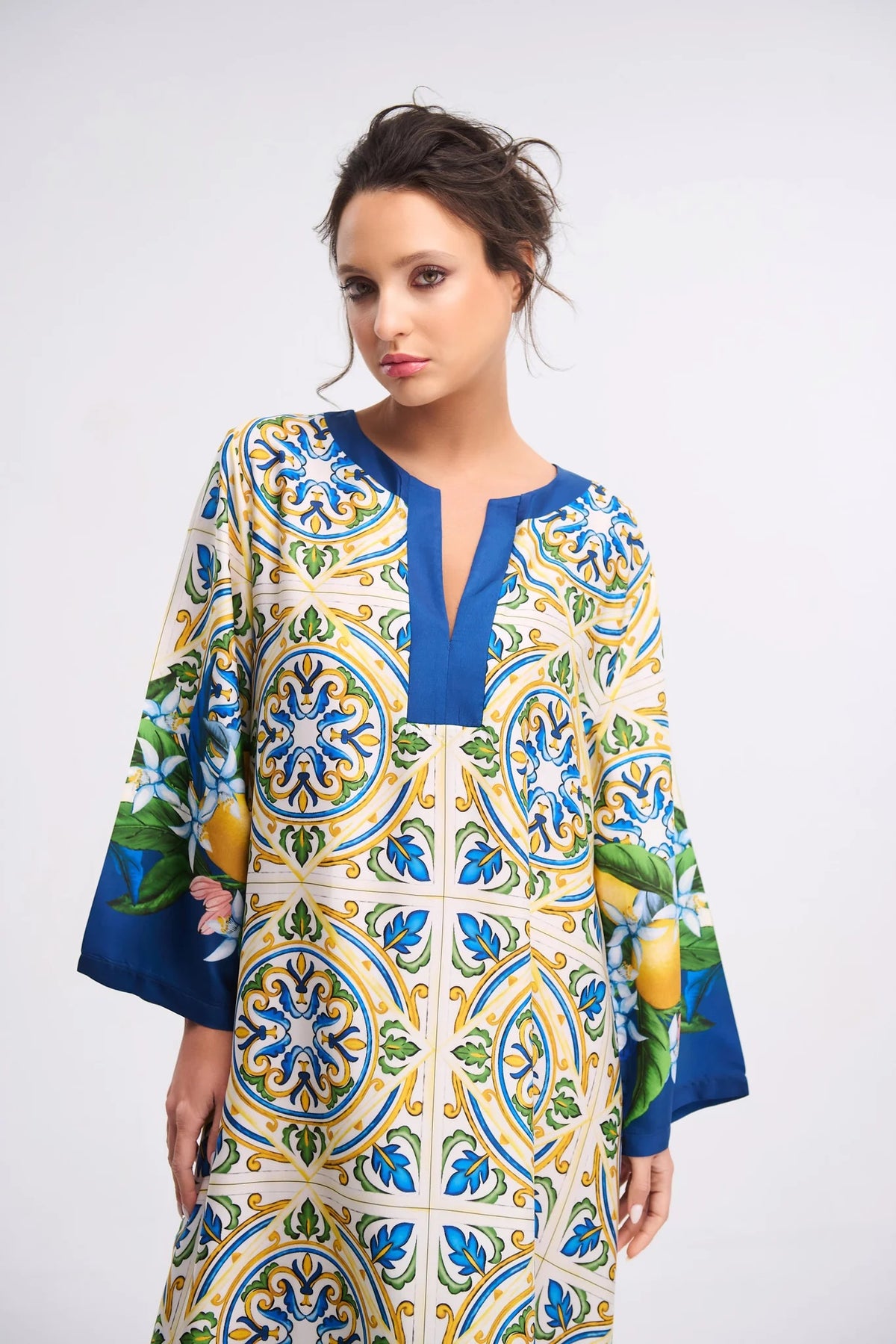 Blue Mediterranean Tile Print Roman Silk Blend Kaftan