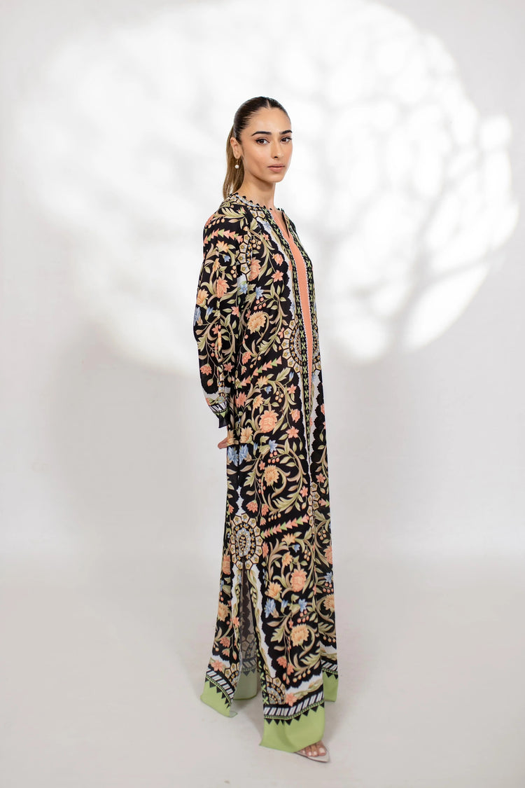 Elegant Black Florals Soft BSY Crepe Long Top