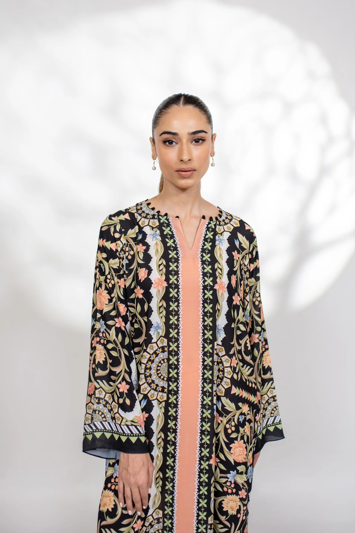 Elegant Black Florals Soft BSY Crepe Long Top