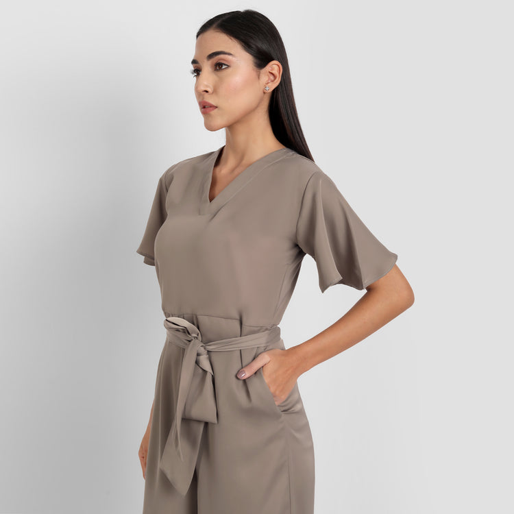 Bare Elegance Ivory Brew: V Neck Womens Jumpsuit