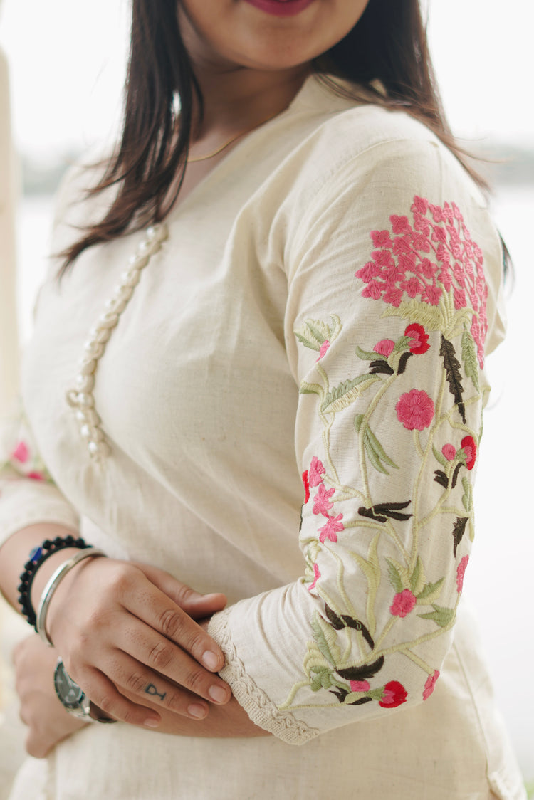 Ivory Embroidered Hakoba Cotton Kurta & Palazzo Set