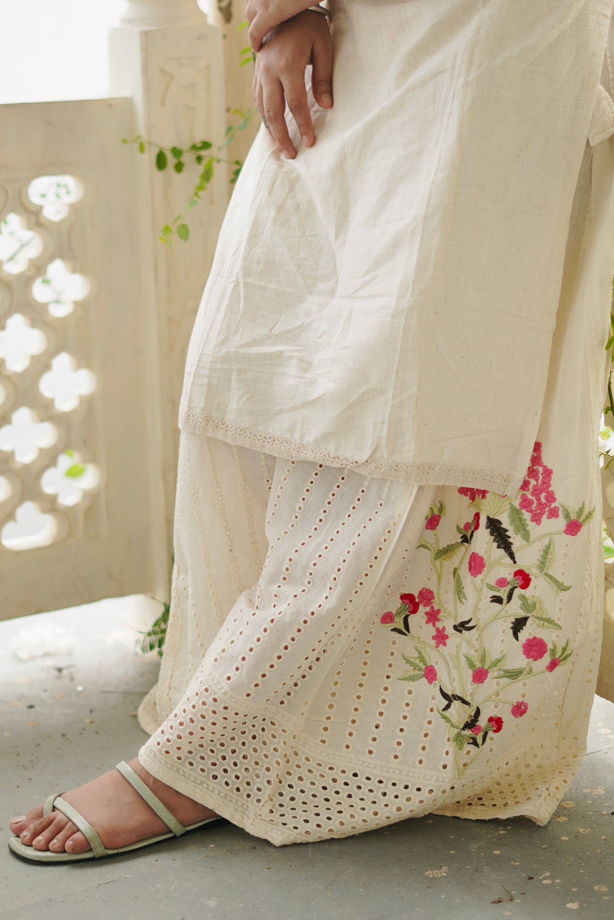 Ivory Embroidered Hakoba Cotton Kurta & Palazzo Set