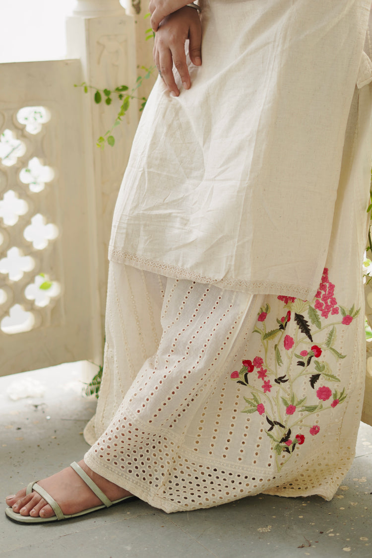Ivory Embroidered Hakoba Cotton Kurta & Palazzo Set