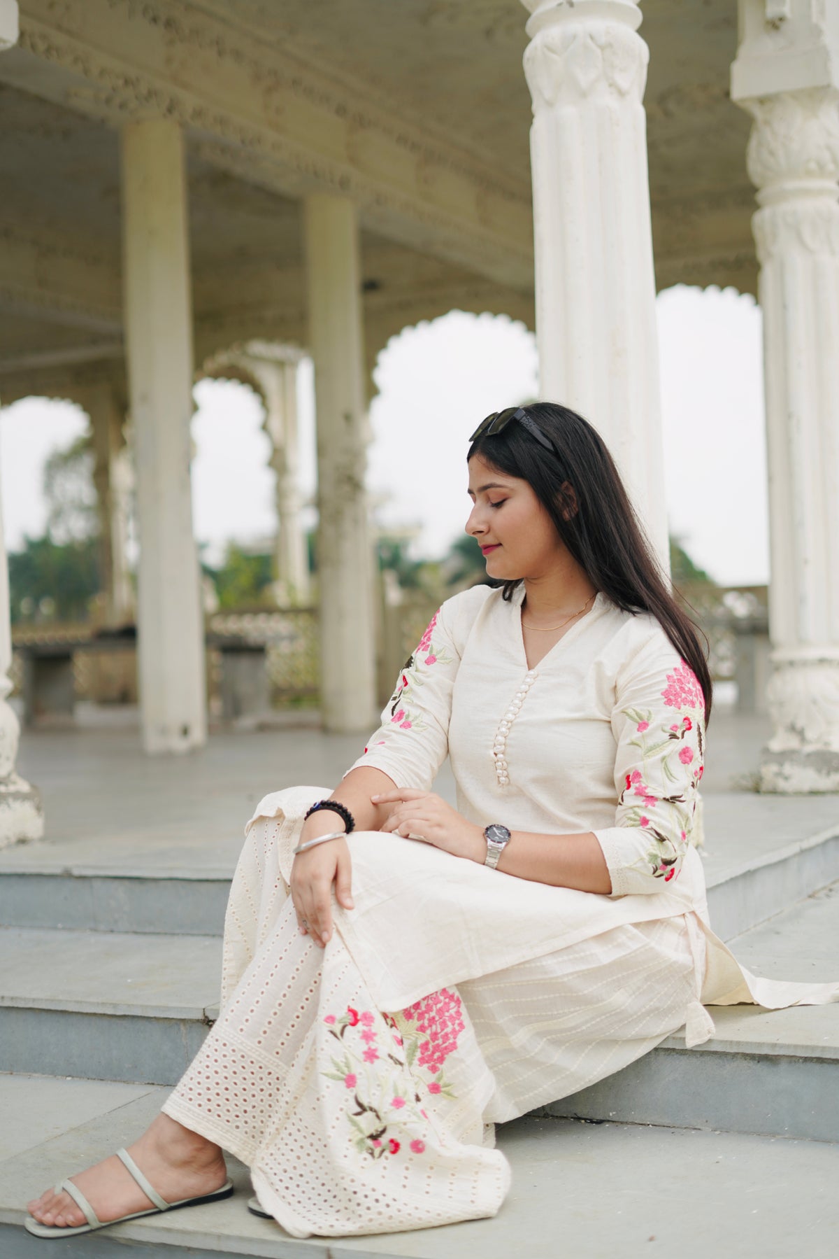 Ivory Embroidered Hakoba Cotton Kurta & Palazzo Set