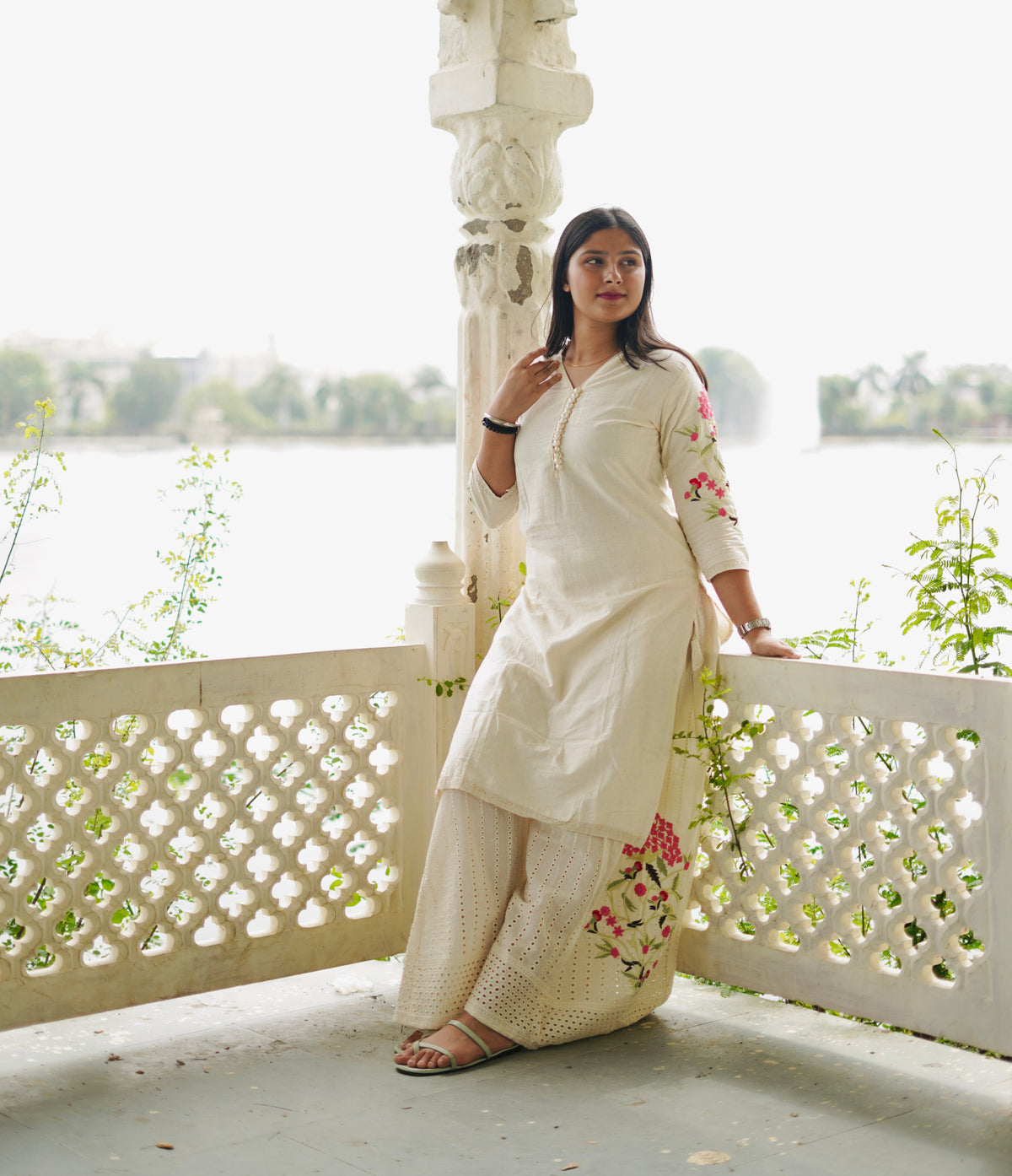 Ivory Embroidered Hakoba Cotton Kurta & Palazzo Set