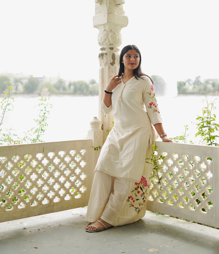 Ivory Embroidered Hakoba Cotton Kurta & Palazzo Set