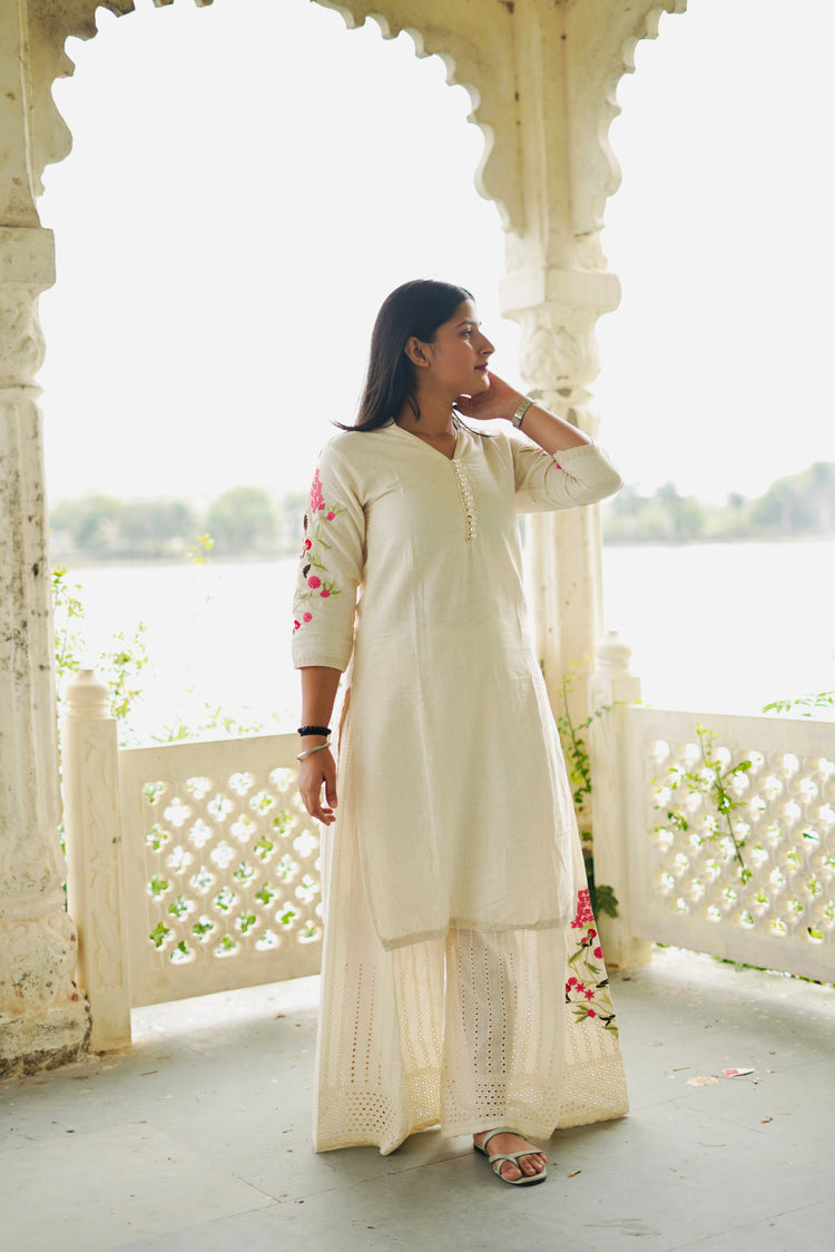 Ivory Embroidered Hakoba Cotton Kurta & Palazzo Set