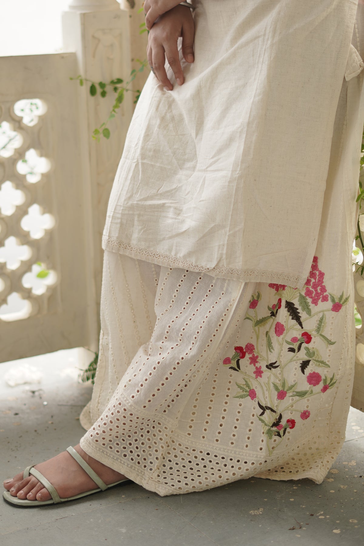Ivory Embroidered Hakoba Cotton Kurta & Palazzo Set