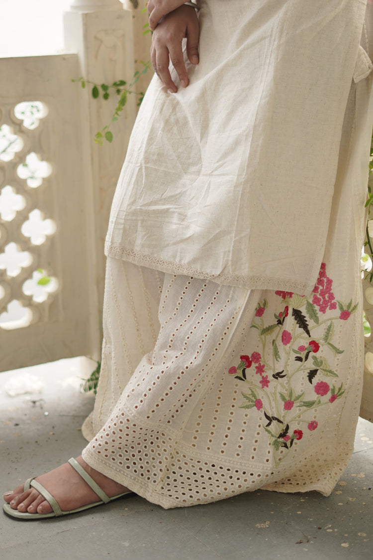 Ivory Embroidered Hakoba Cotton Kurta & Palazzo Set