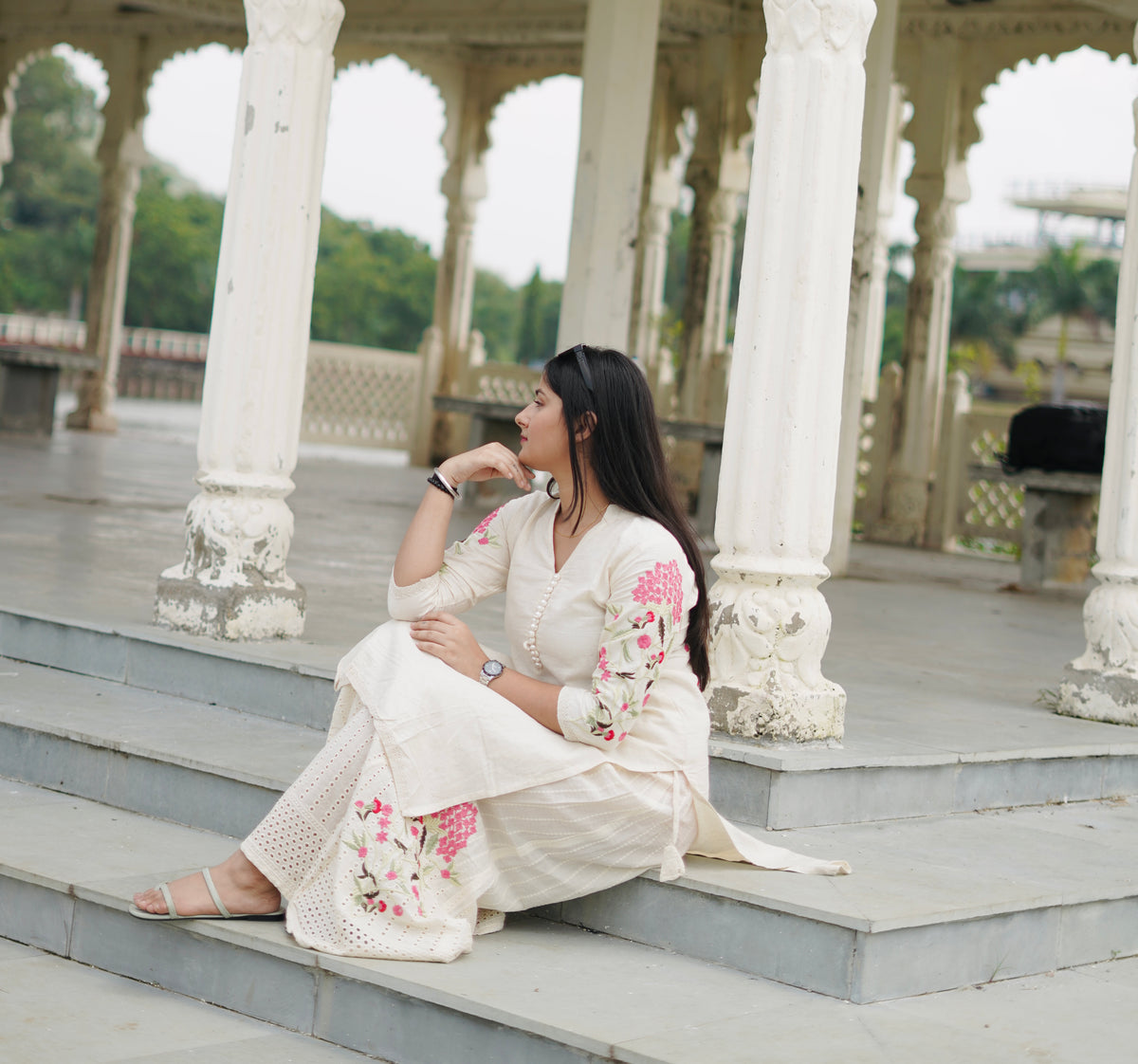 Ivory Embroidered Hakoba Cotton Kurta & Palazzo Set