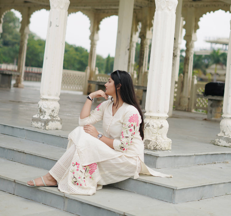 Ivory Embroidered Hakoba Cotton Kurta & Palazzo Set