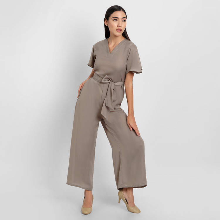 Bare Elegance Ivory Brew: V Neck Womens Jumpsuit