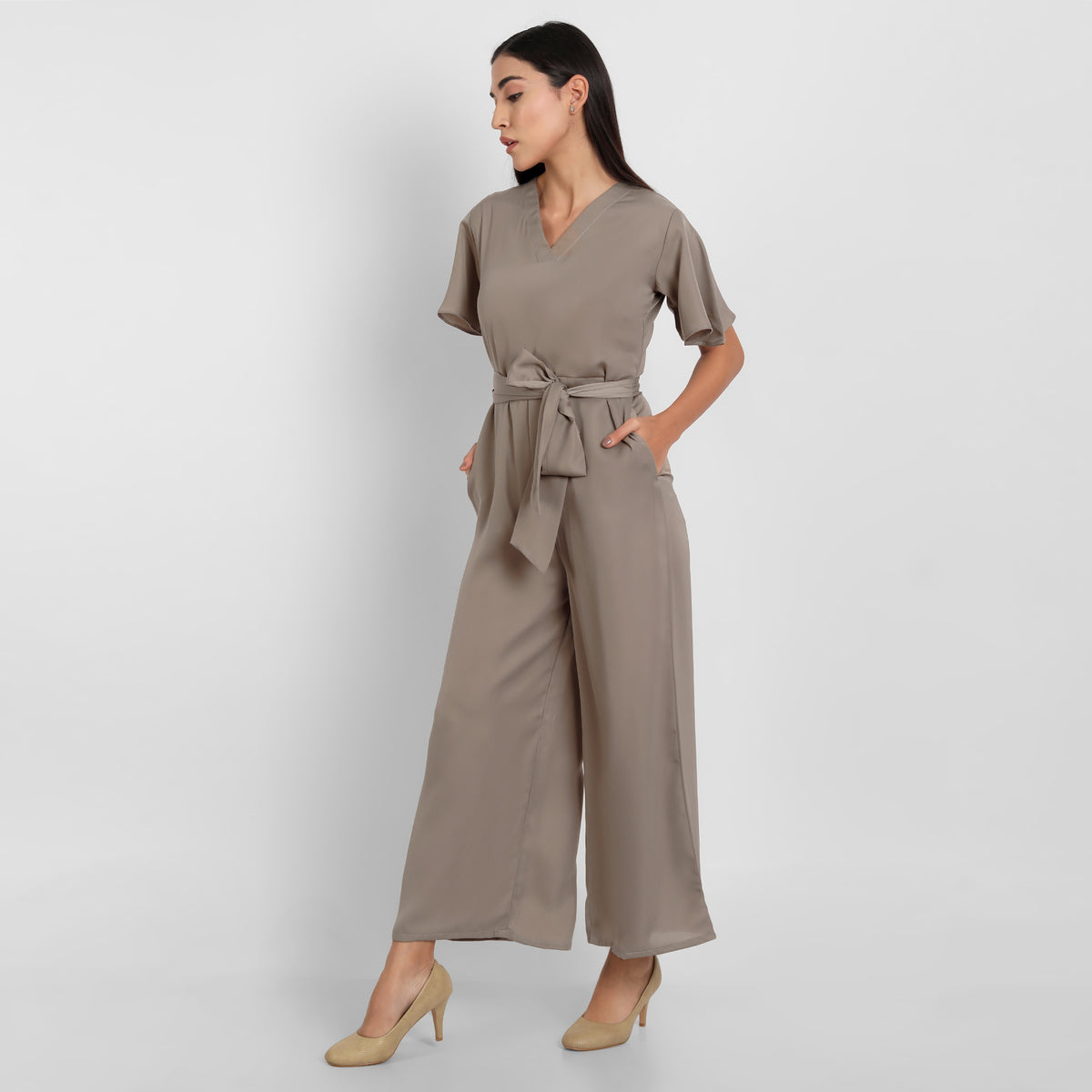 Bare Elegance Ivory Brew: V Neck Womens Jumpsuit
