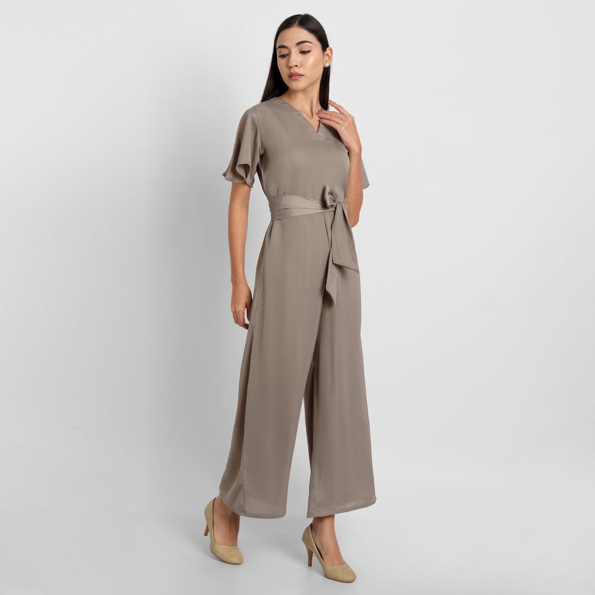 Bare Elegance Ivory Brew: V Neck Womens Jumpsuit