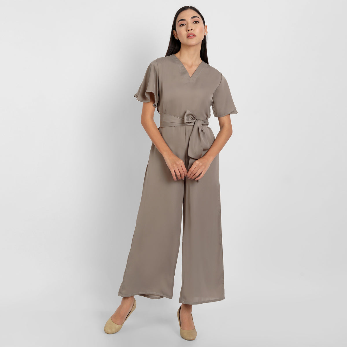 Bare Elegance Ivory Brew: V Neck Womens Jumpsuit