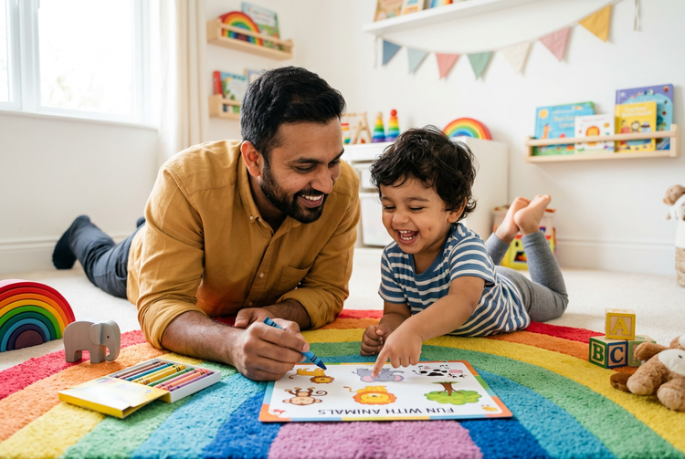 A father and toddler doing an animal worksheet on a rainbow rug