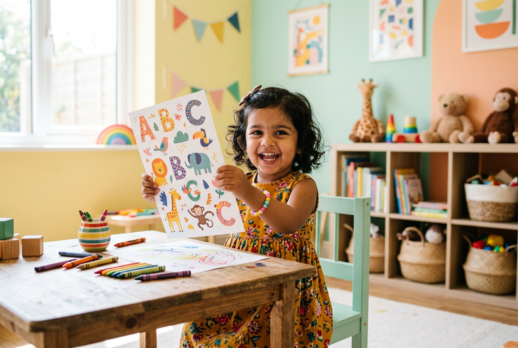 A happy toddler showing a colourful printed activity page