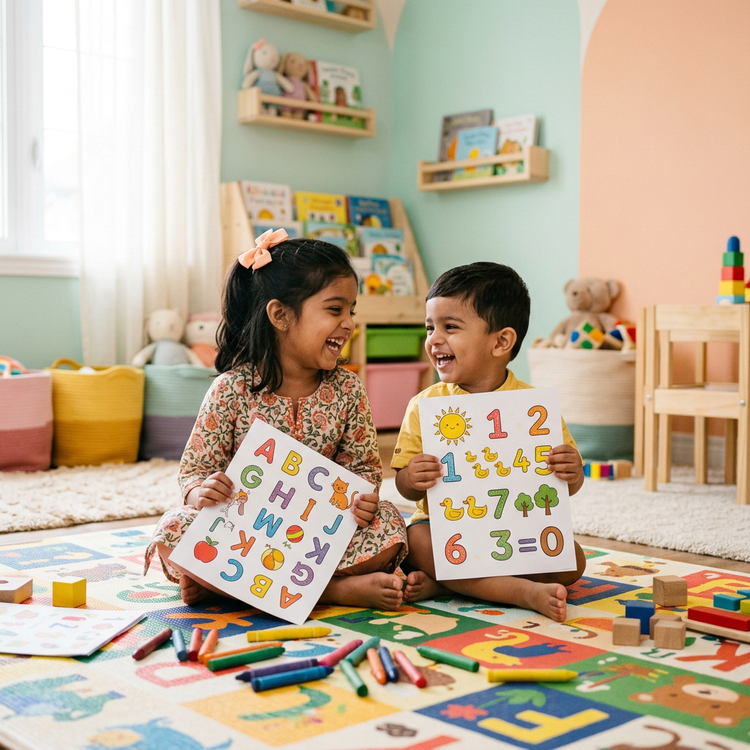Two happy siblings holding alphabet and number pages