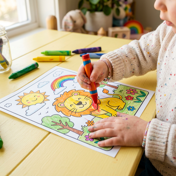 A toddler colouring a lion picture with crayons