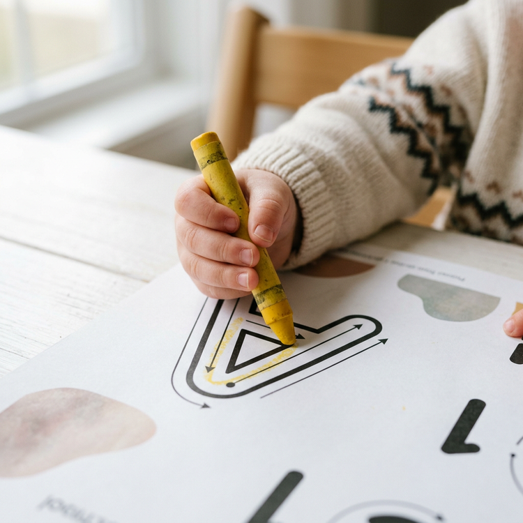 A toddler tracing the letter A with a yellow crayon